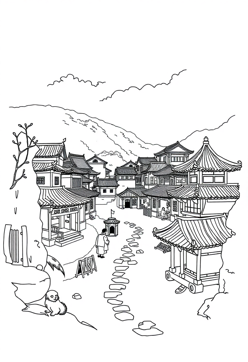 Ancient Chinese Village coloring page, free printable