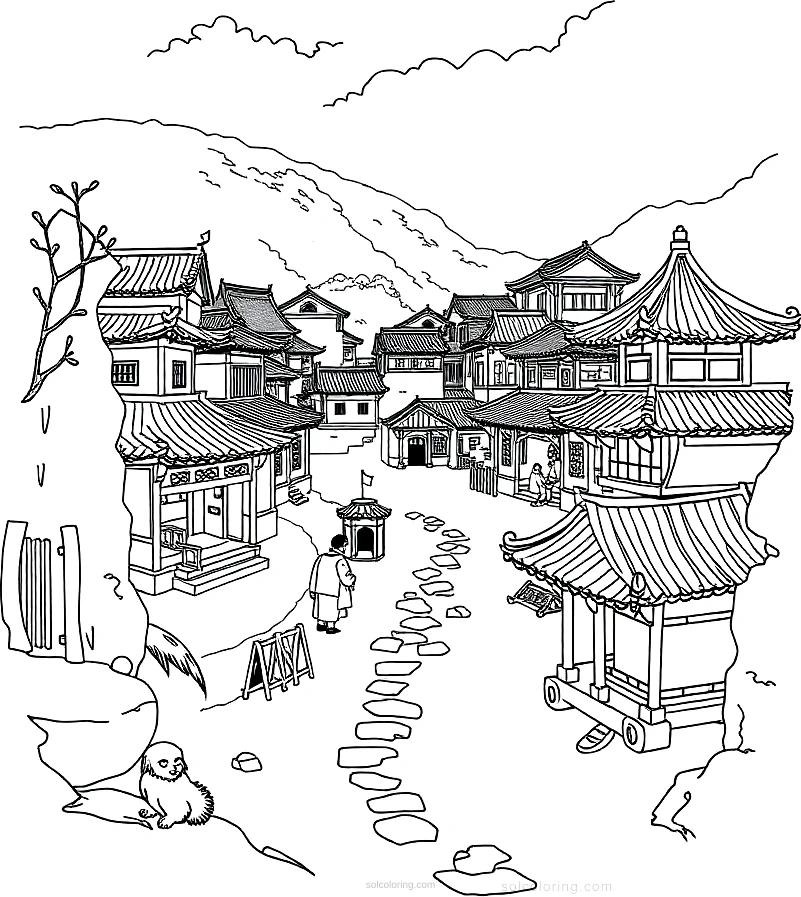 Ancient Chinese Village coloring page for kids