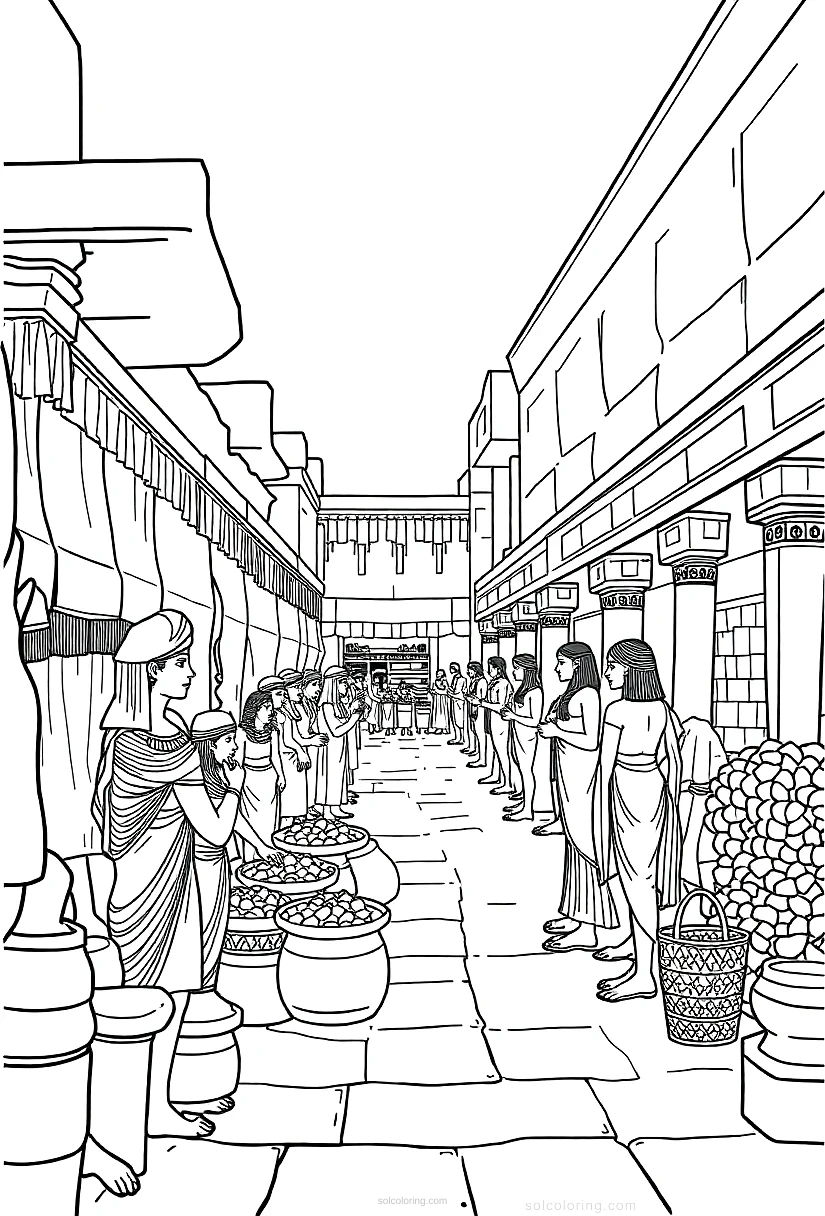Ancient Egyptian Market Scene coloring page for kids