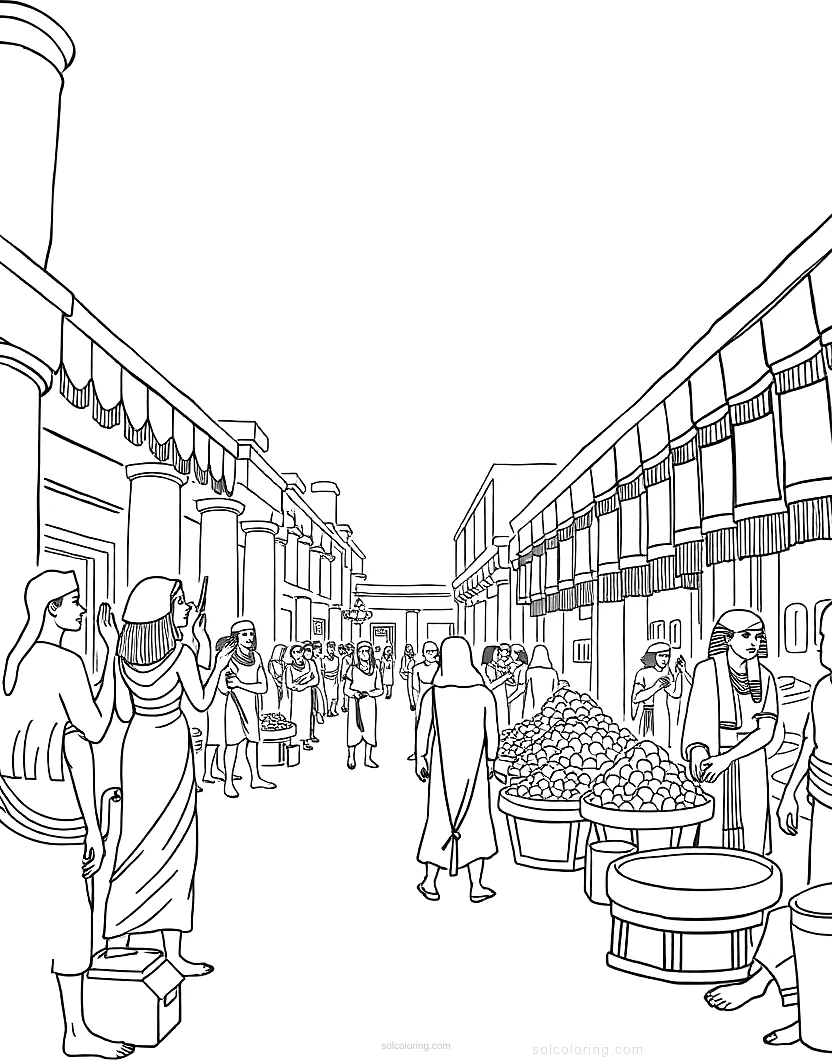 Ancient Egyptian Market Scene coloring page for kids