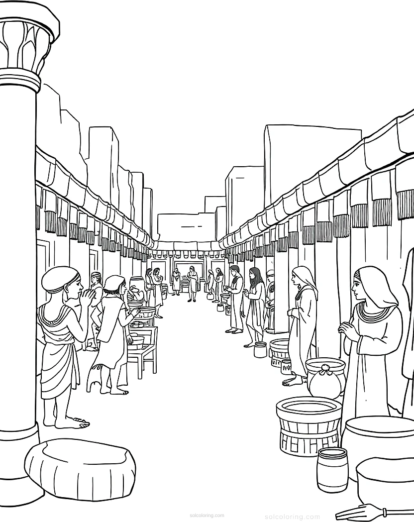 Ancient Egyptian Market Scene coloring page for kids