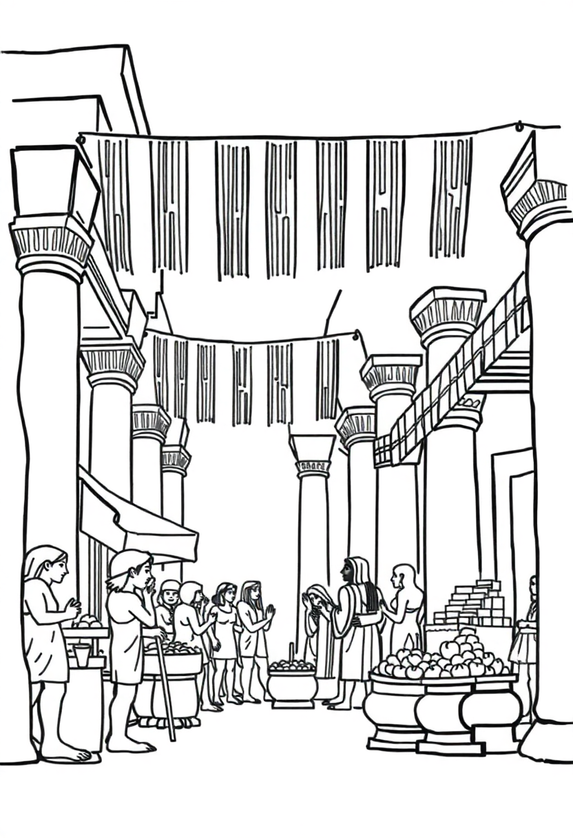 Ancient Egyptian market scene coloring page showing merchants selling goods with pyramids and palm trees in background