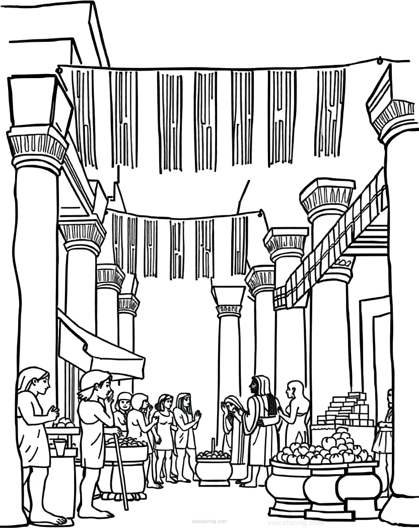 Ancient Egyptian Market Scene coloring page for kids