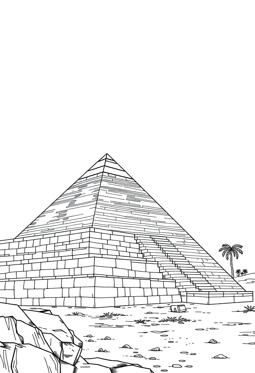 Ancient Egyptian pyramid complex coloring page showing pyramids, sphinx, and desert landscape with bold black outlines