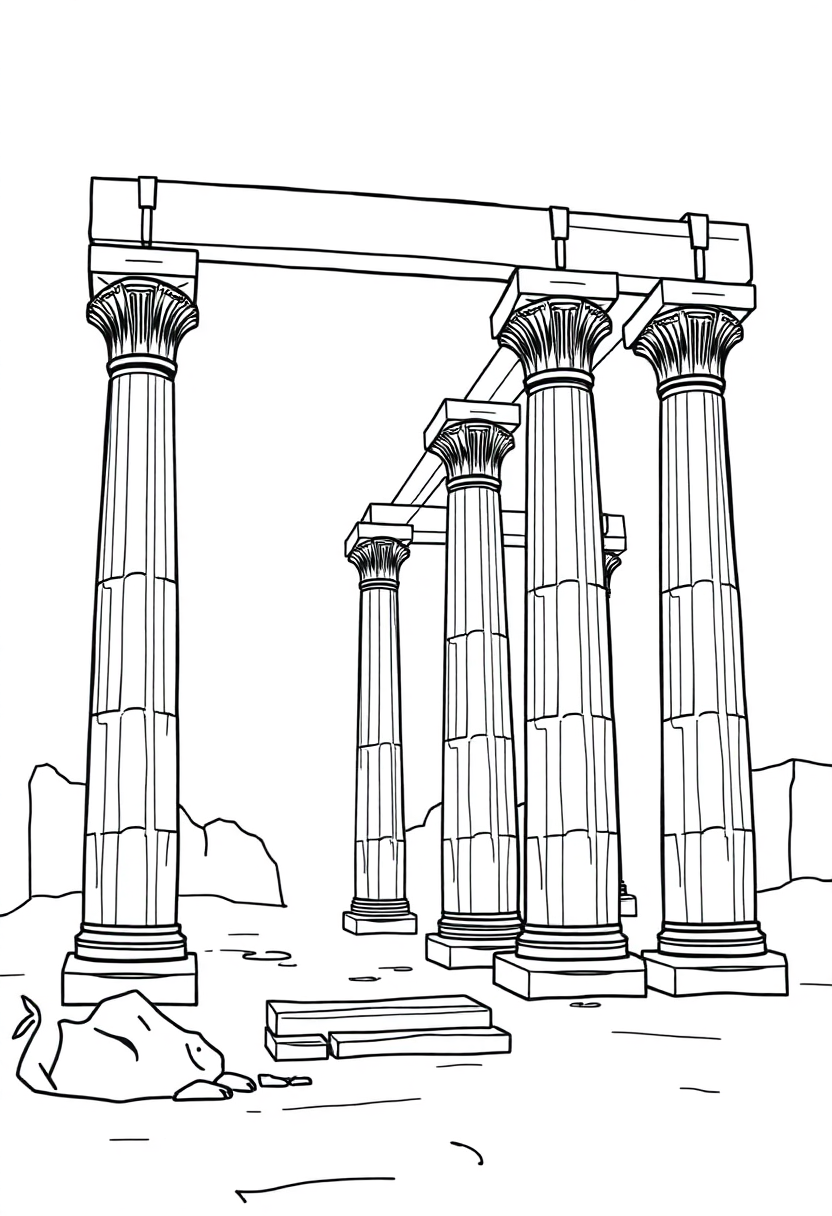 Ancient Egyptian temple columns coloring page with hieroglyphics, lotus capitals, and bold outlines in chibi art style