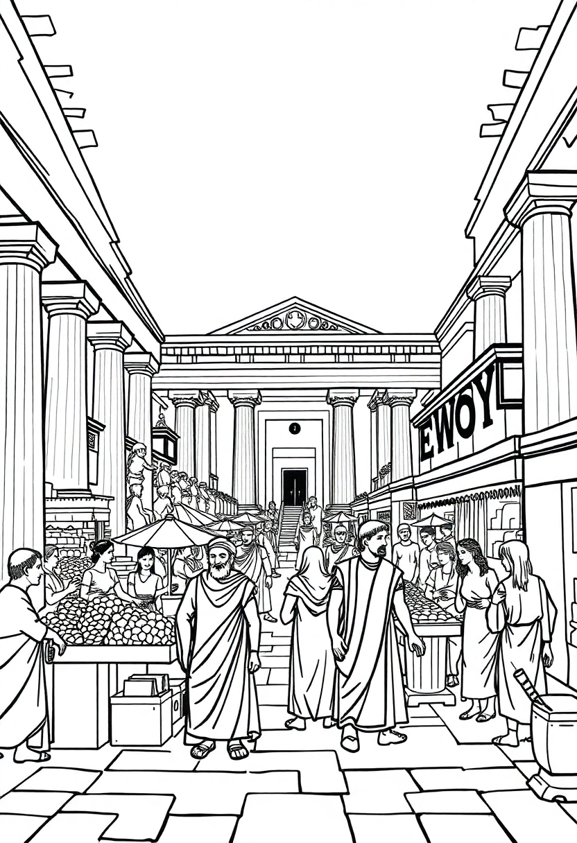 Ancient Greek marketplace agora coloring page with chibi characters, columns, merchant stalls and classical architecture