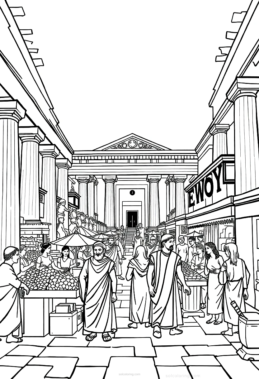 Ancient Greek Marketplace Agora coloring page for kids