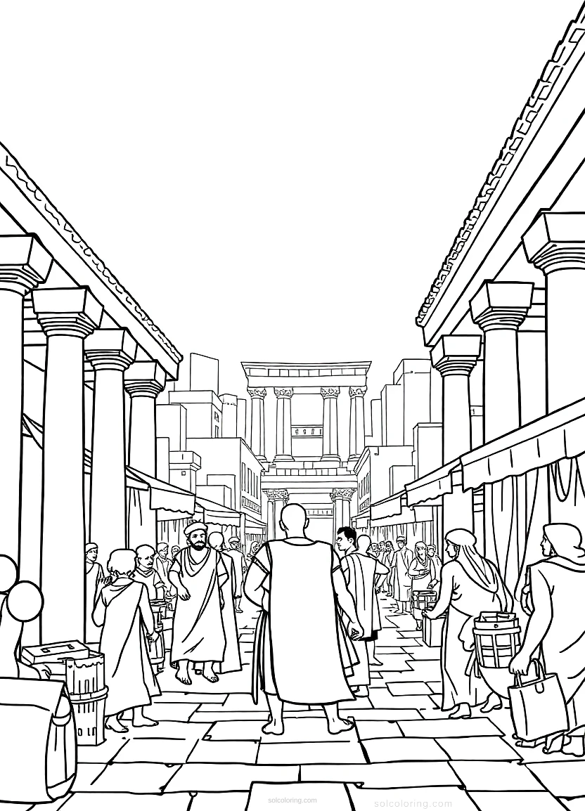 Ancient Greek marketplace agora coloring page showing cartoon merchants, pottery stalls, and market scenes with bold outlines