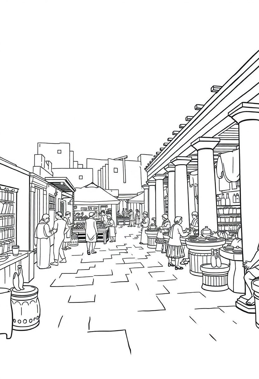 Ancient Greek Marketplace Agora coloring page, free printable