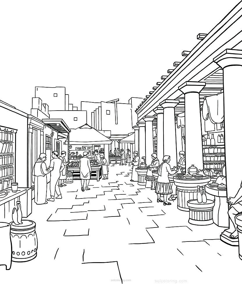 Ancient Greek Marketplace Agora coloring page for kids