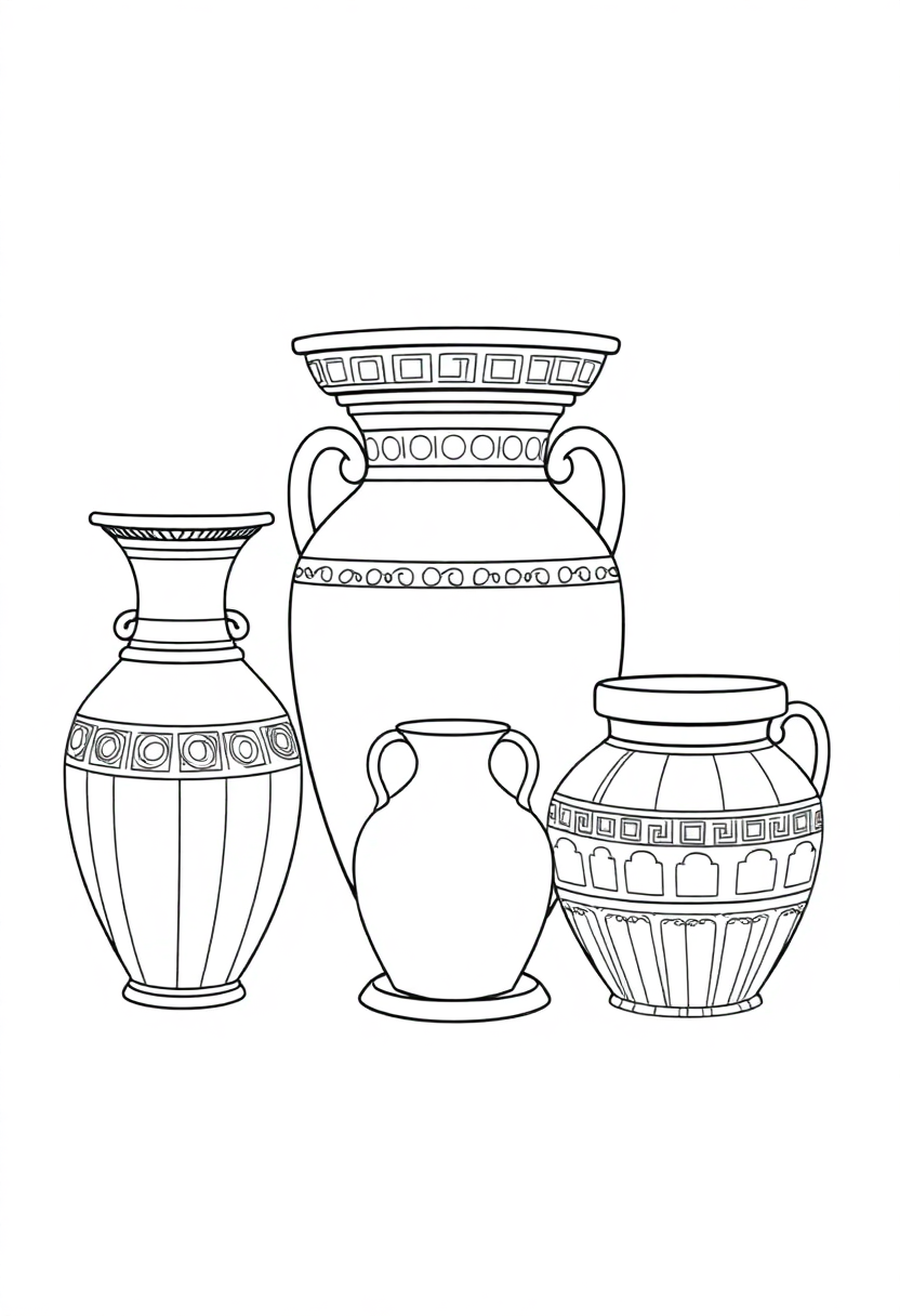 Ancient Greek pottery and vases coloring page with detailed amphoras, urns and classical vessels in mandala design