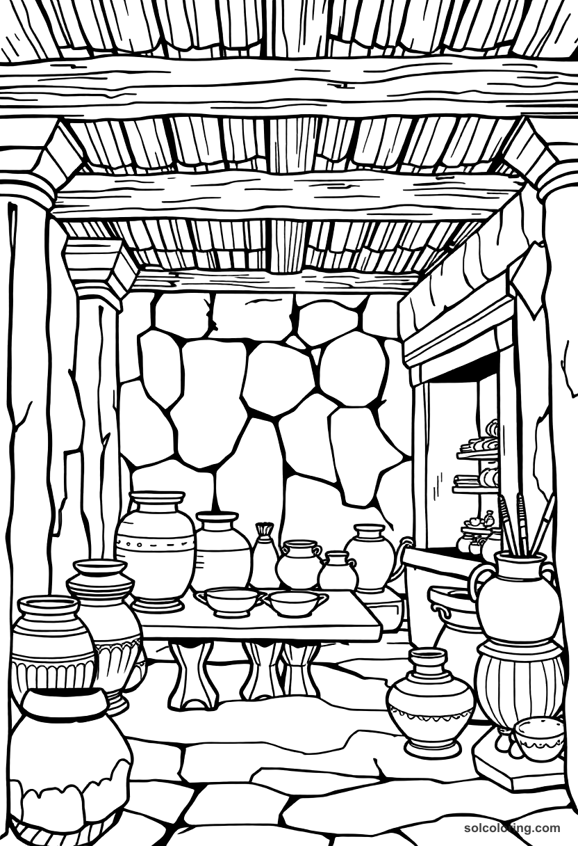 Ancient Greek Pottery Workshop coloring page, free printable detailed style