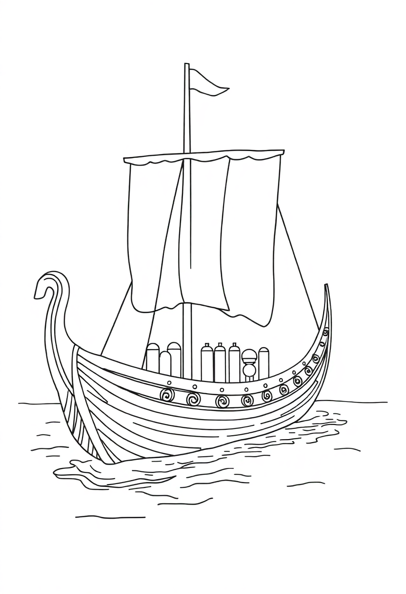 Ancient Greek trireme ship coloring page showing detailed warship with three rows of oars, sails and bold black outlines