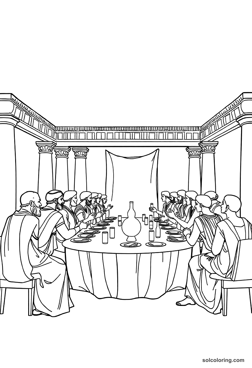 Ancient Greek Symposium Banquet coloring page, free printable detailed style