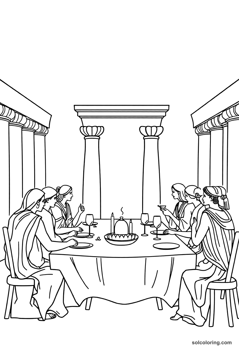 Simple Ancient Greek Symposium Banquet coloring page, free printable simple style