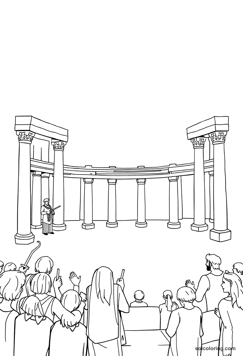 Ancient Greek Theater Performance coloring page, free printable detailed style