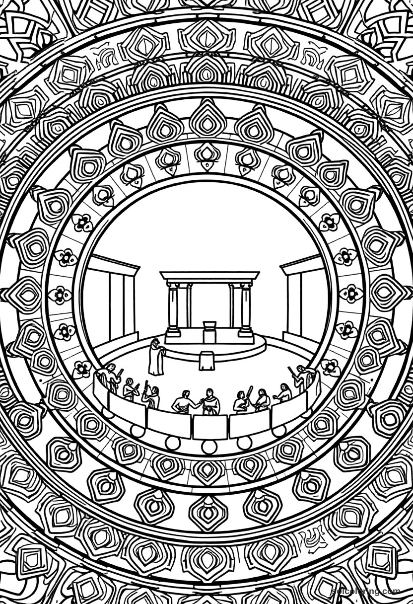 Mandala Ancient Greek Theater Performance coloring page, free printable mandala style