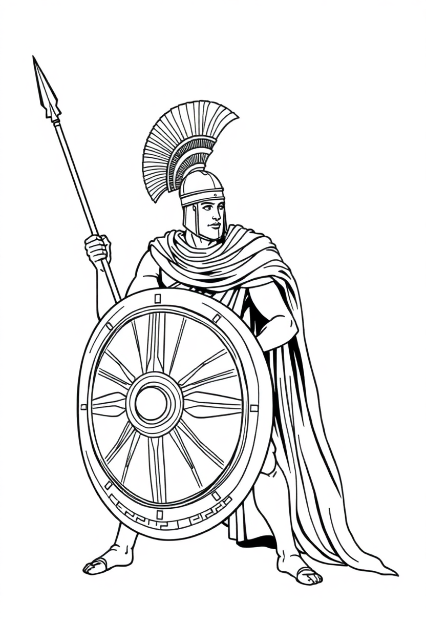 Ancient Greek Warrior with Shield and Spear coloring page, free printable