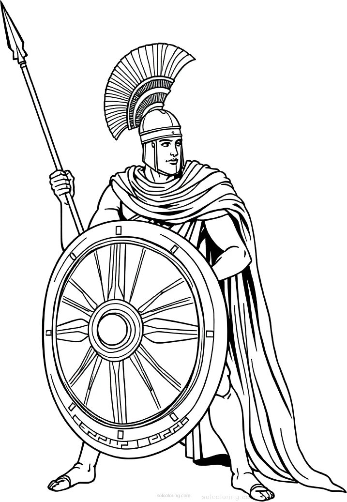 Ancient Greek Warrior with Shield and Spear coloring page for kids