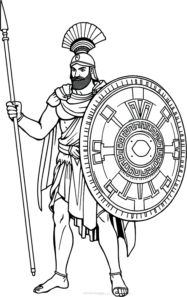 Ancient Greek Warrior with Shield and Spear coloring page for kids