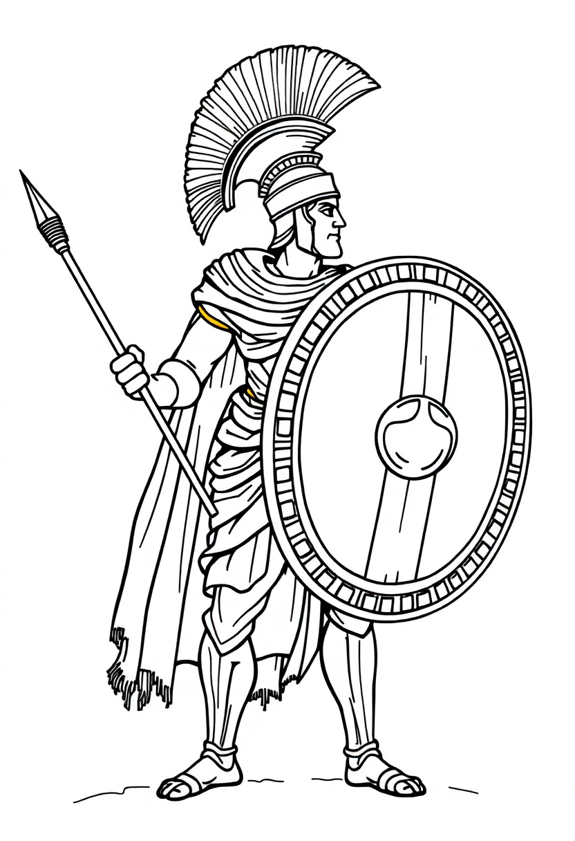 Ancient Greek Warrior with Shield and Spear coloring page, free printable