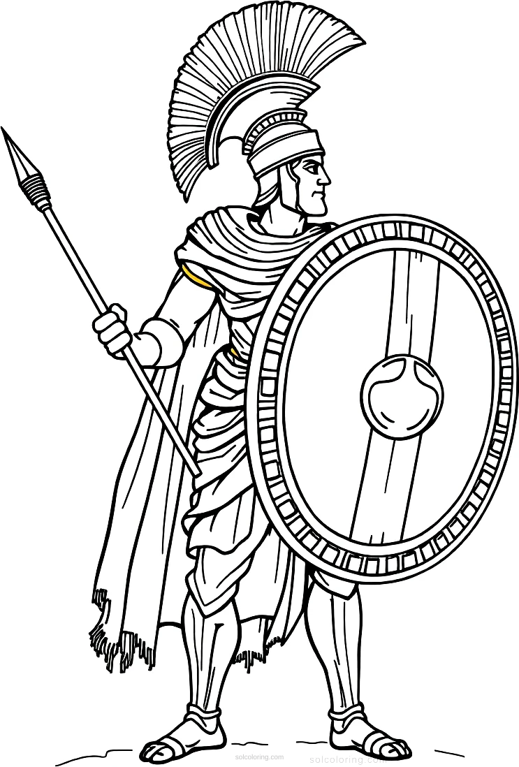 Ancient Greek Warrior with Shield and Spear coloring page for kids
