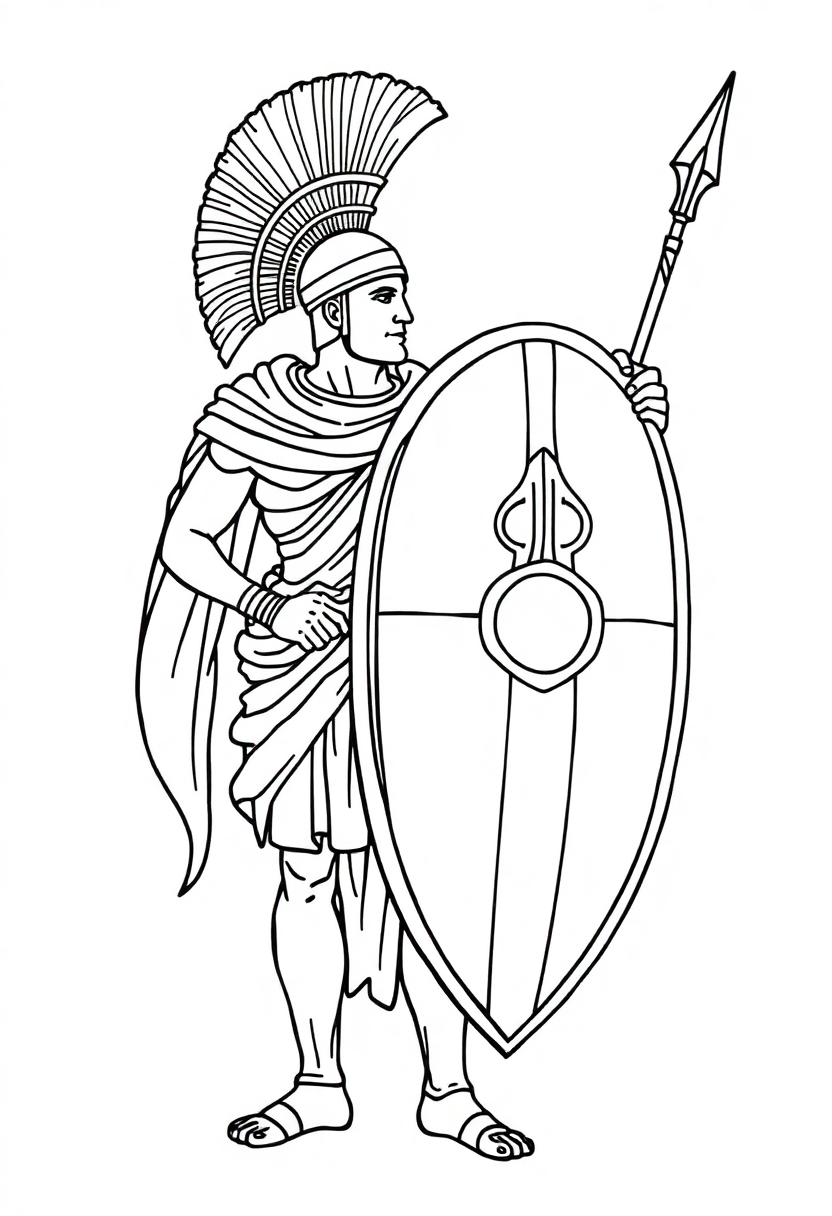 Ancient Greek Warrior with Shield and Spear coloring page, free printable