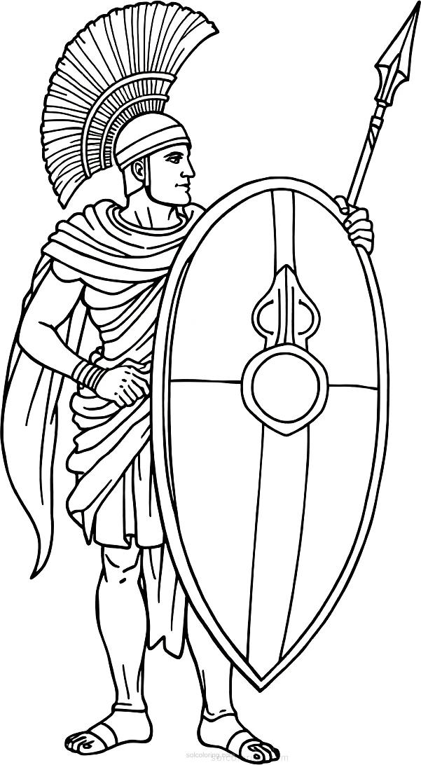 Ancient Greek Warrior with Shield and Spear coloring page for kids