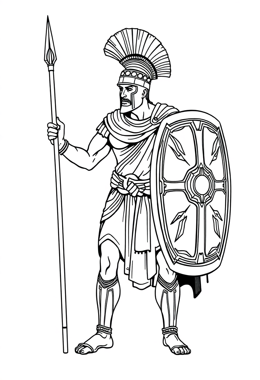 Ancient Greek Warrior with Shield and Spear coloring page, free printable