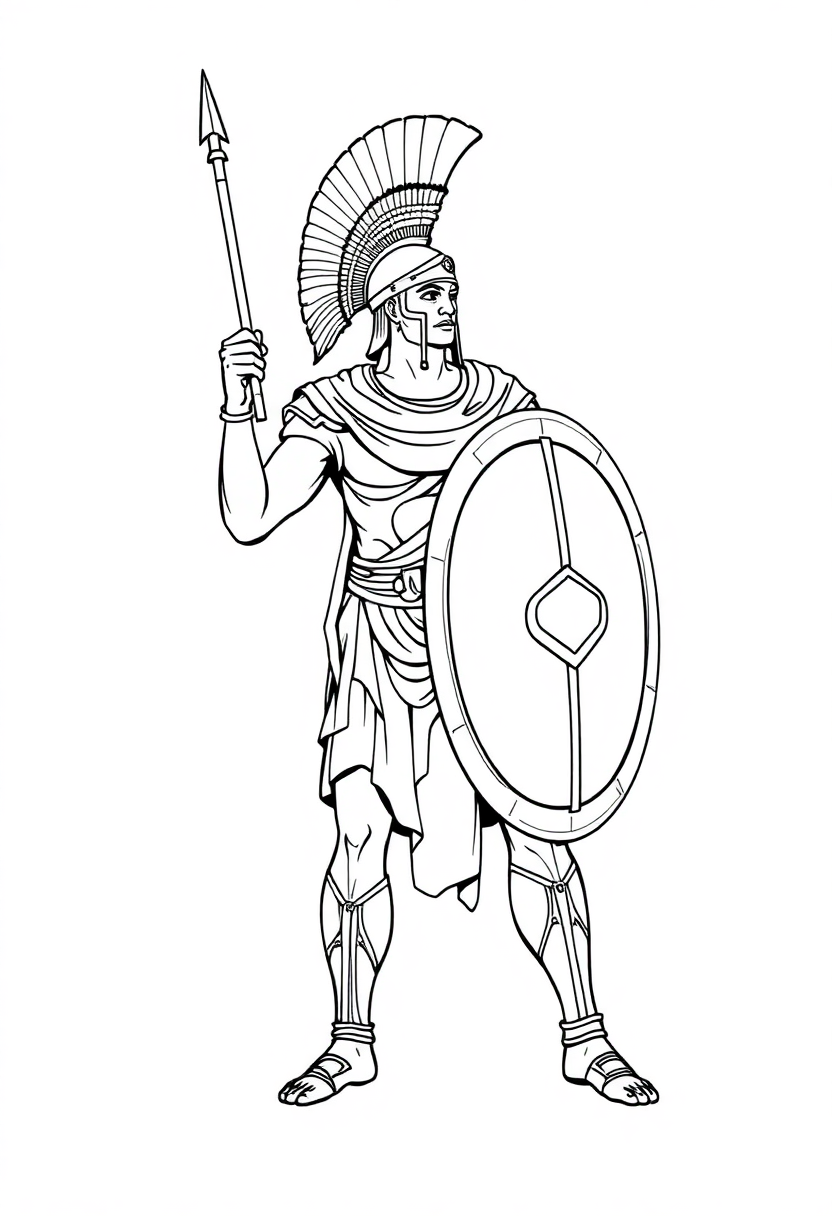 Ancient Greek Warrior with Shield and Spear coloring page, free printable