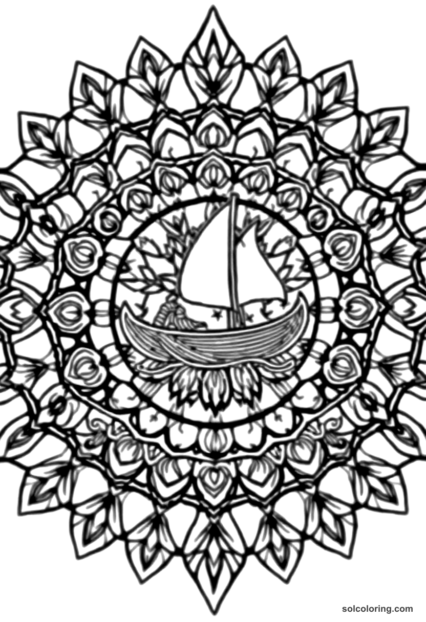 Mandala Ancient Hawaiian Canoe Voyage coloring page, free printable mandala style