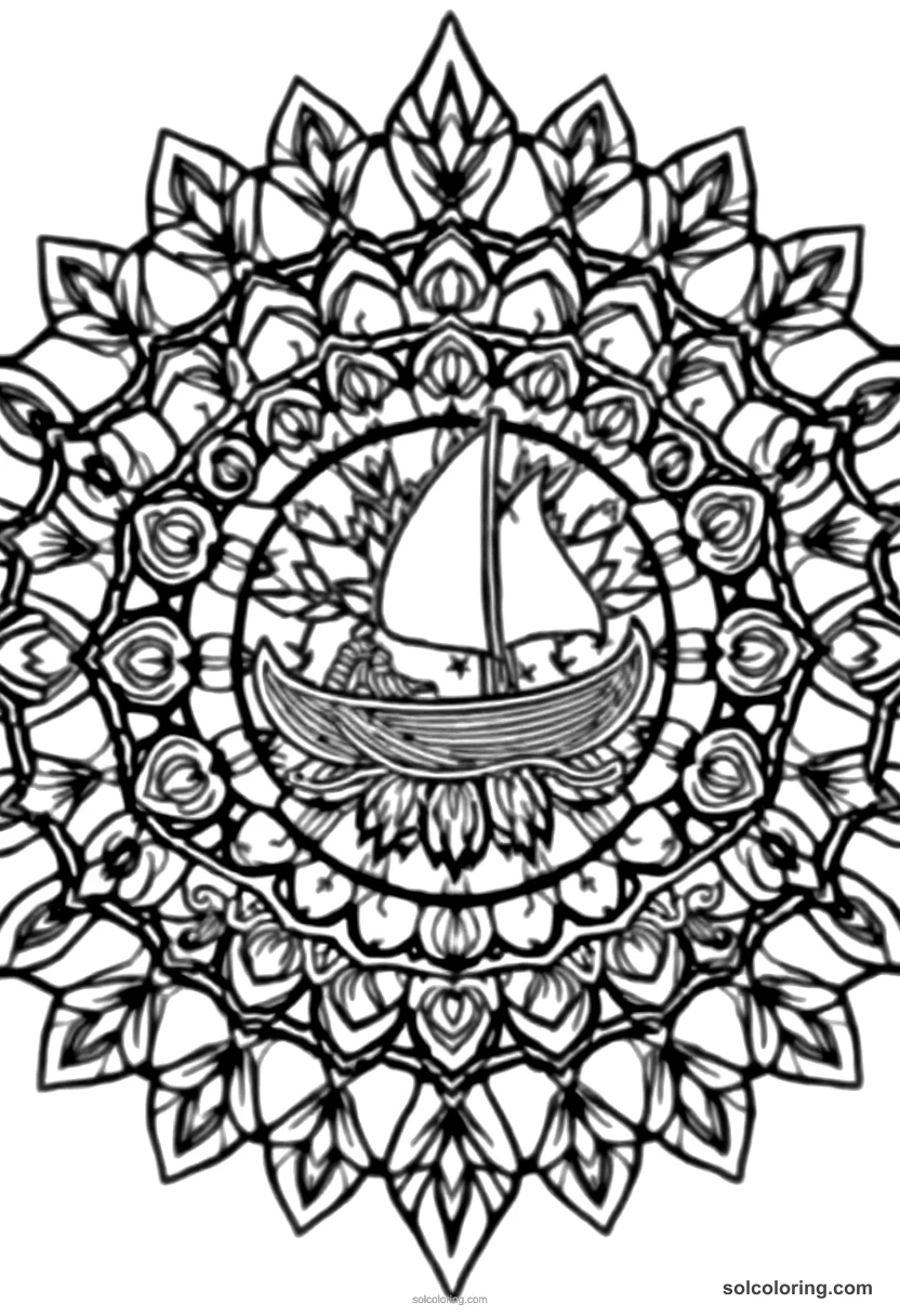 Mandala Ancient Hawaiian Canoe Voyage mandala coloring page for kids