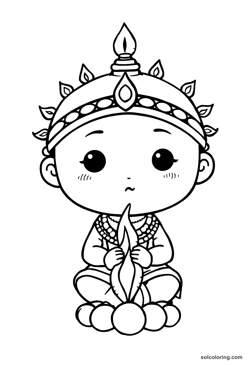 Chibi Ancient Indian Vedic Fire Ceremony coloring page, free printable chibi style