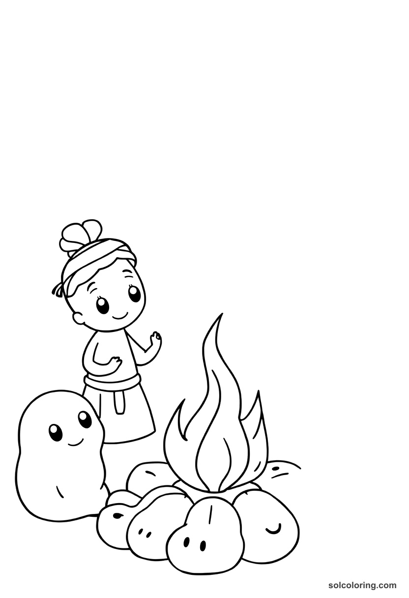 Cute Cartoon Ancient Indian Vedic Fire Ceremony coloring page, free printable cute cartoon style