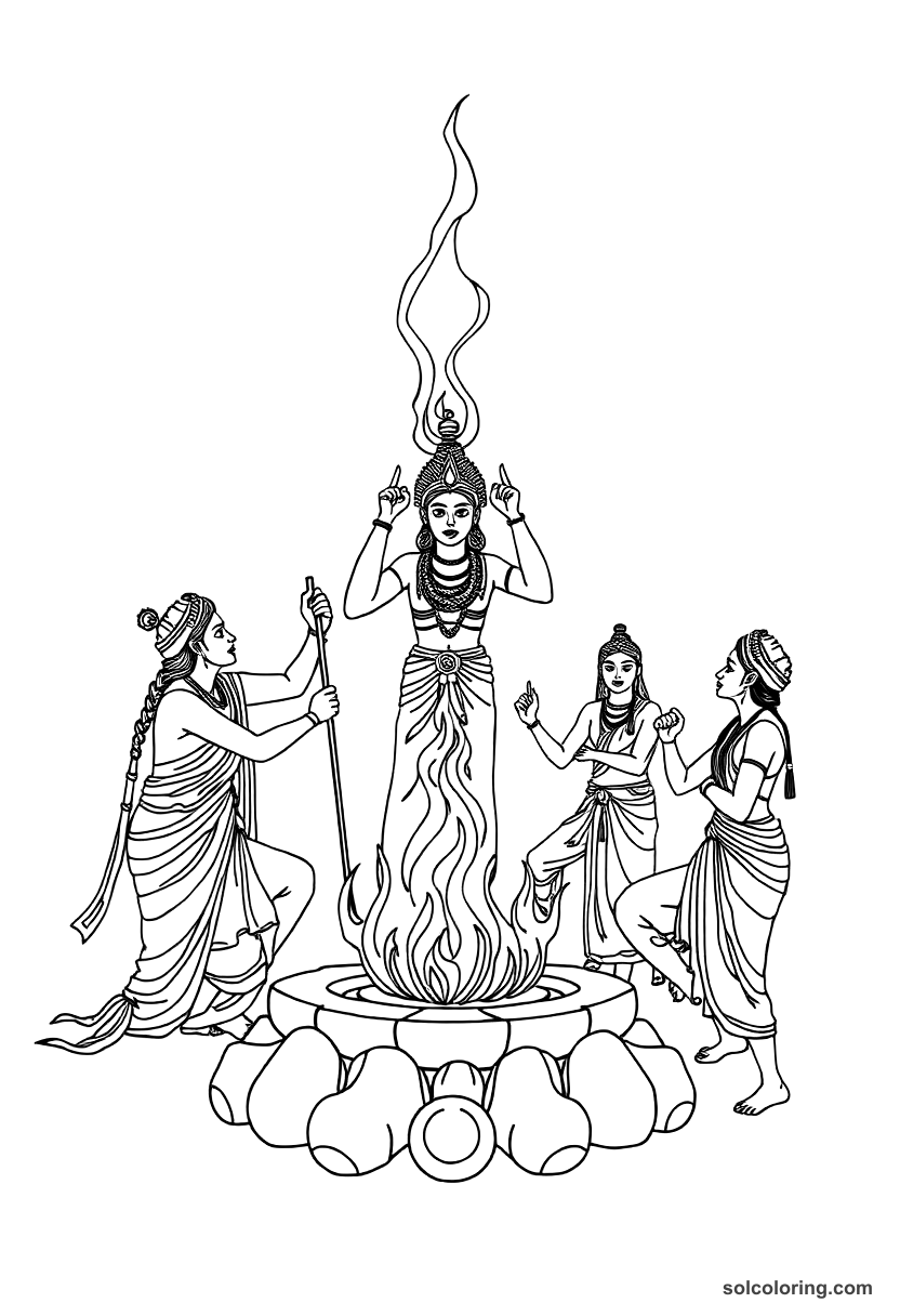 Ancient Indian Vedic Fire Ceremony coloring page, free printable detailed style
