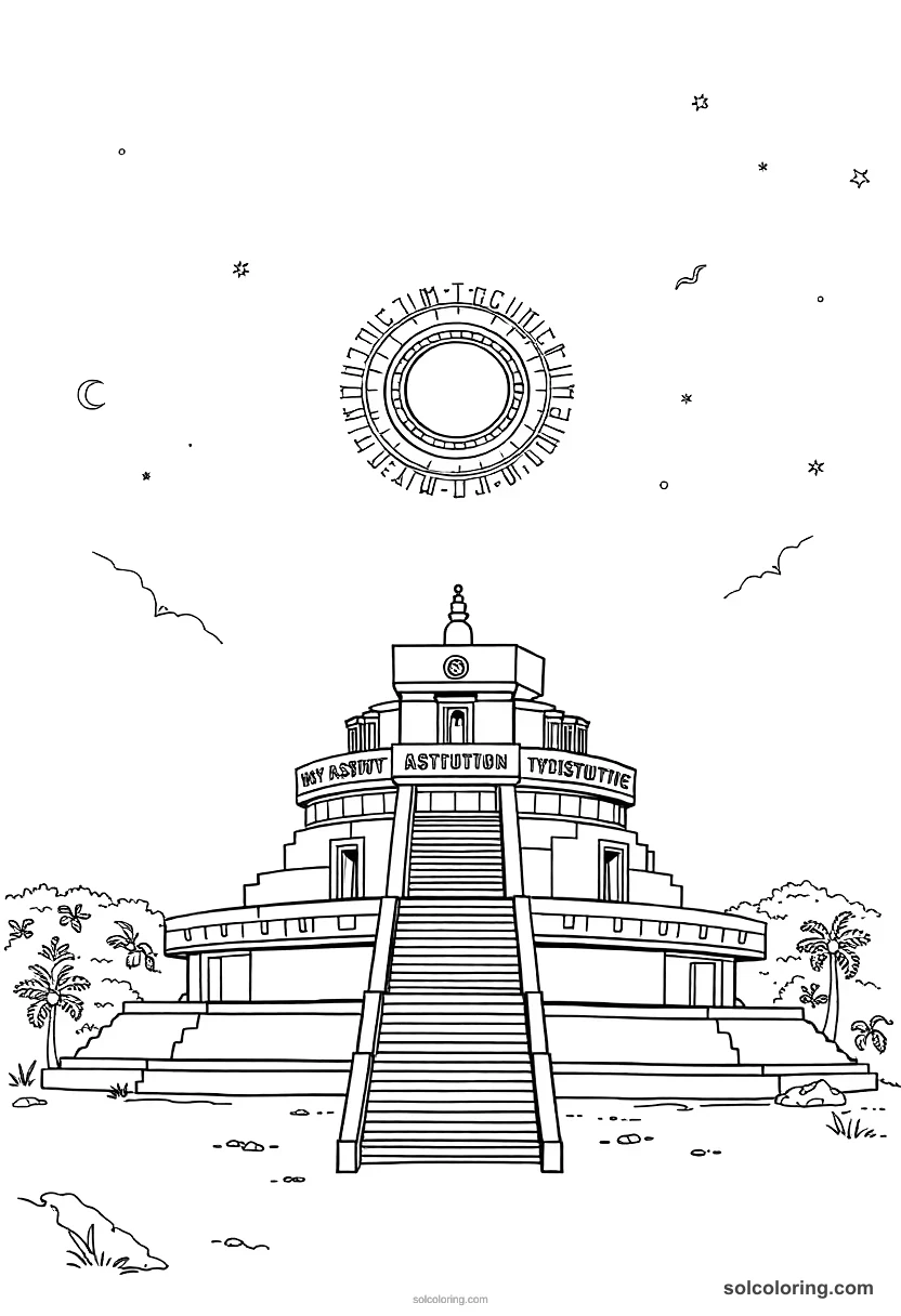 Ancient Mayan Astronomy Observatory detailed coloring page for kids