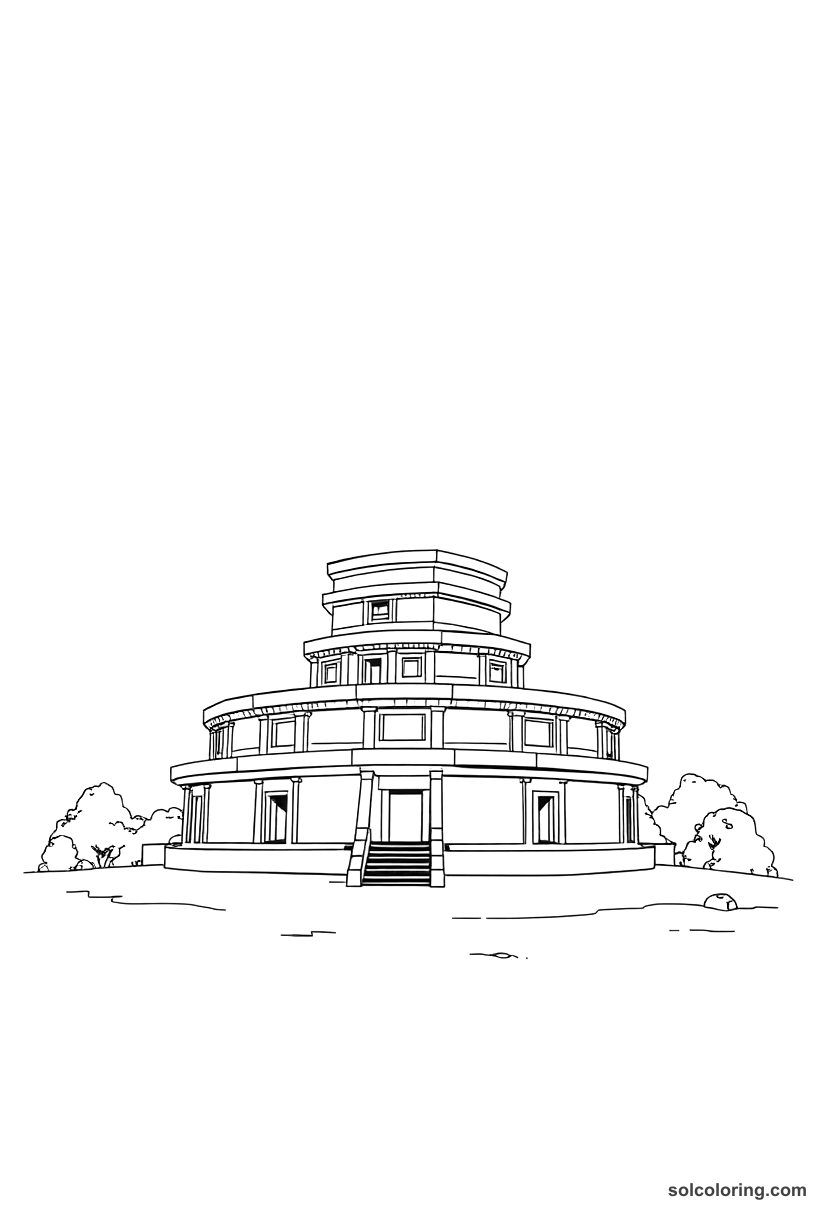 Ancient Mayan astronomy observatory coloring page showing pyramid with star charts and astronomers studying celestial bodies