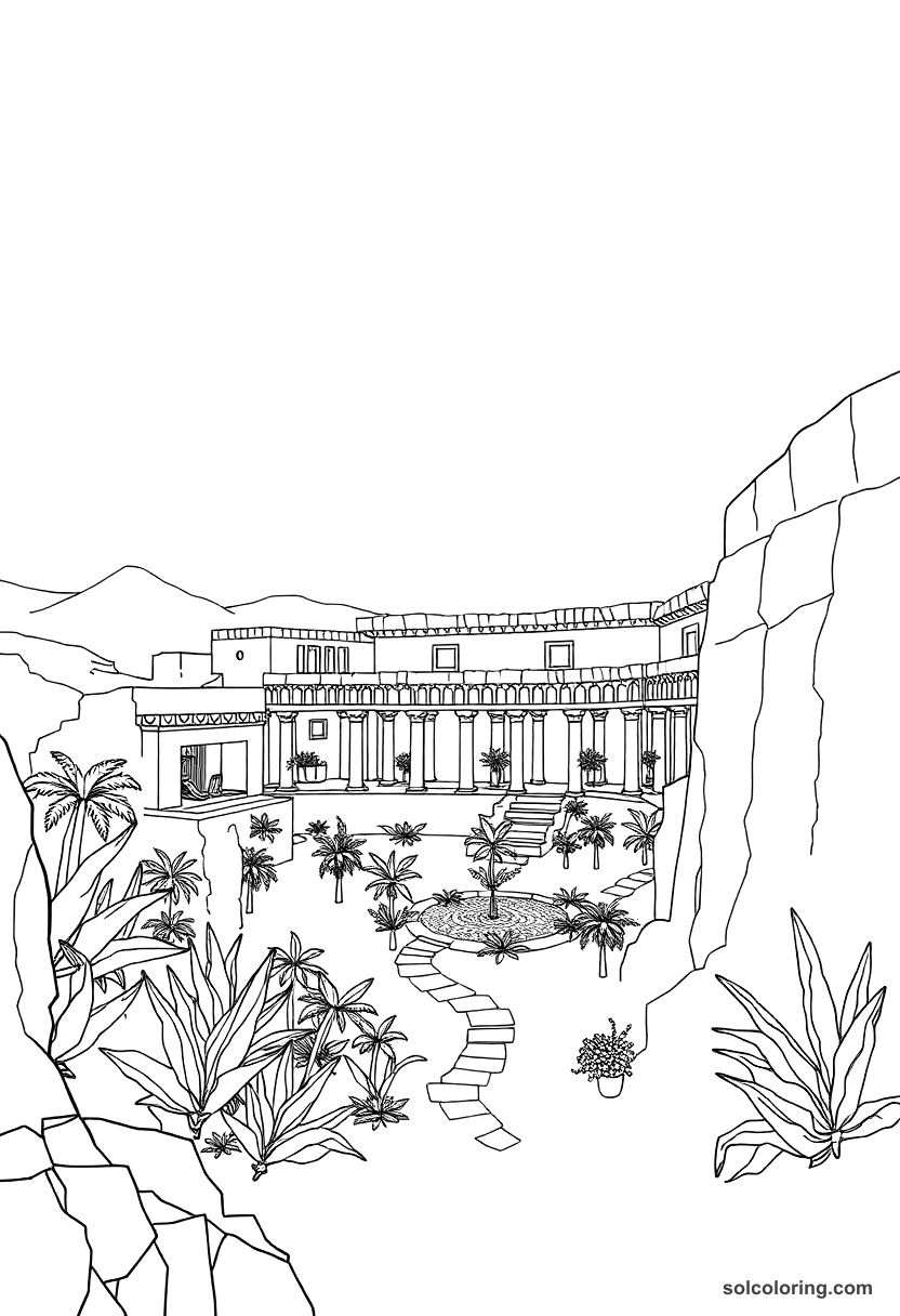 Ancient Mesopotamian Hanging Gardens coloring page, free printable detailed style