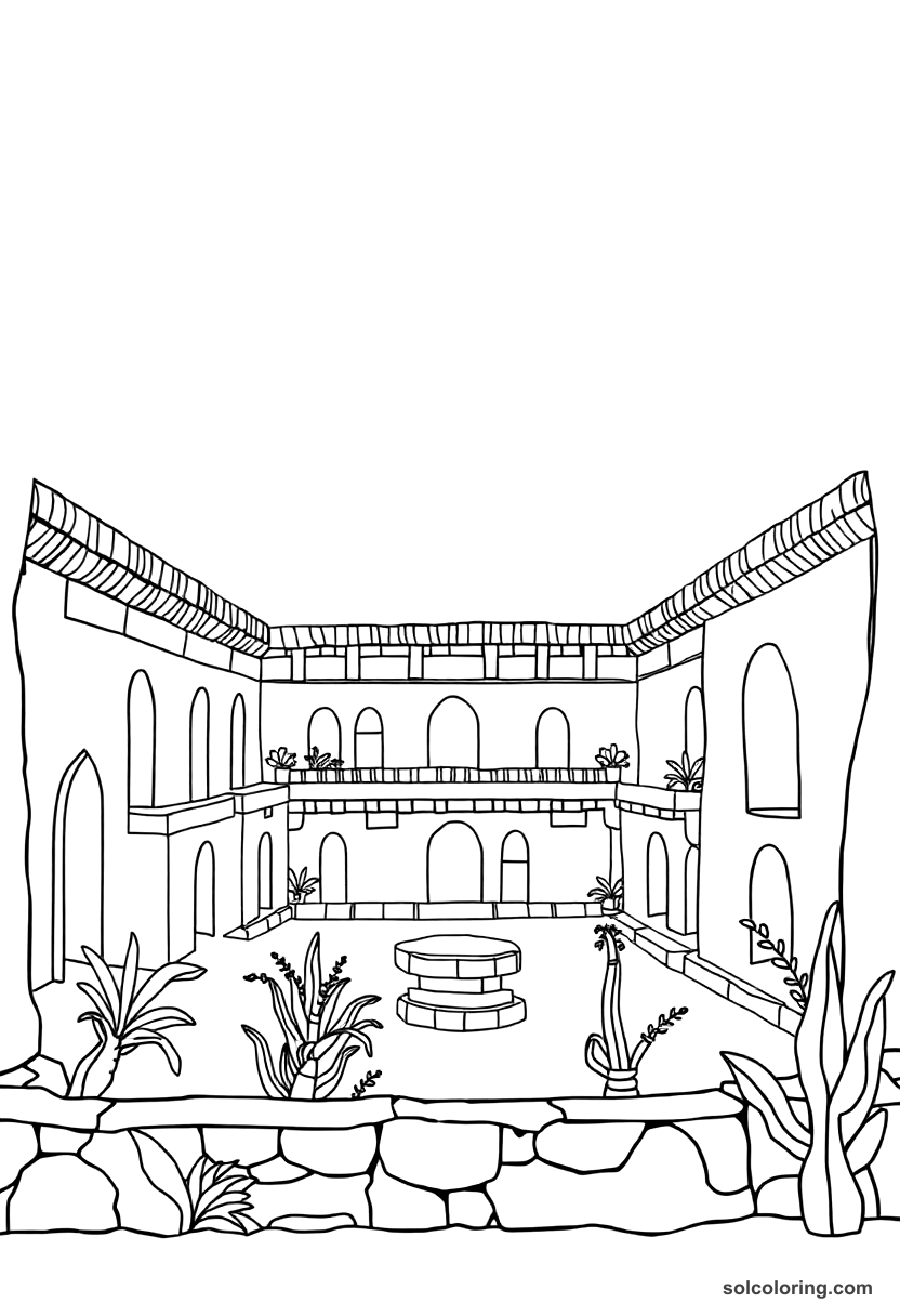 Simple Ancient Mesopotamian Hanging Gardens coloring page, free printable simple style