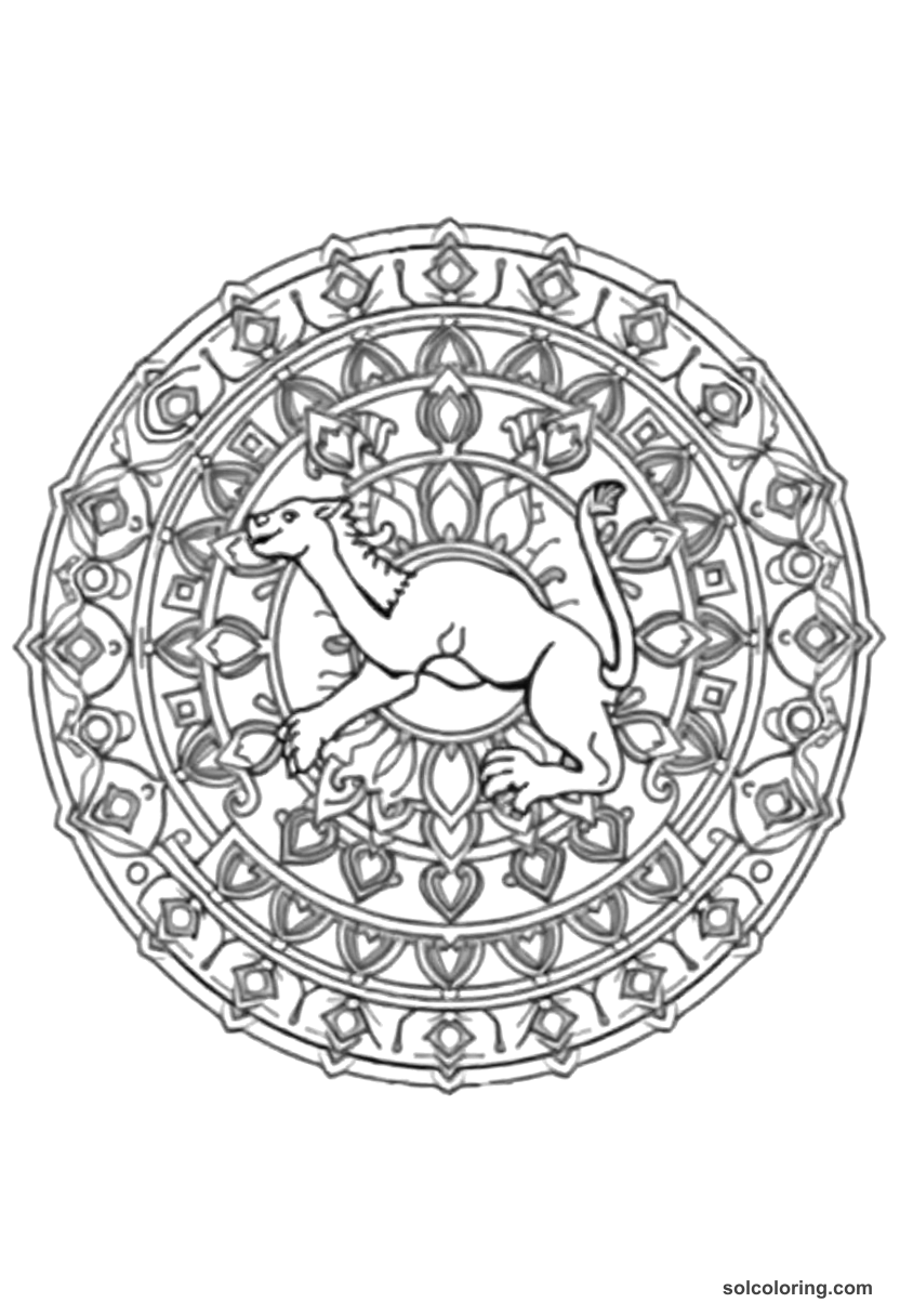 Mandala Ancient Mesopotamian Royal Lion Hunt coloring page, free printable mandala style