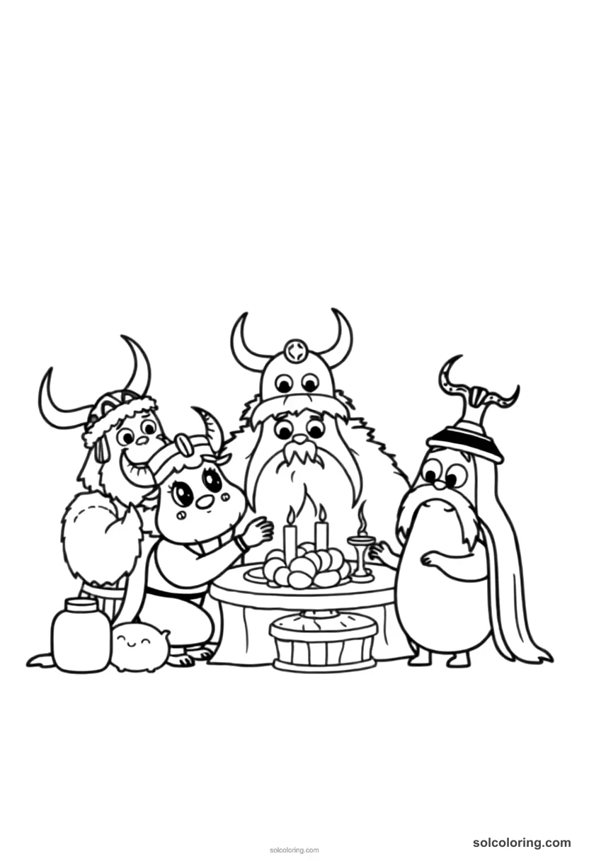 Cute Cartoon Ancient Norse Mythological Feast in Valhalla cute cartoon coloring page for kids