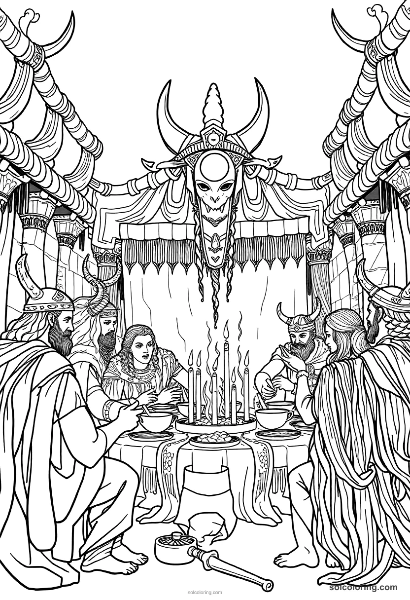 Ancient Norse Mythological Feast in Valhalla detailed coloring page for kids