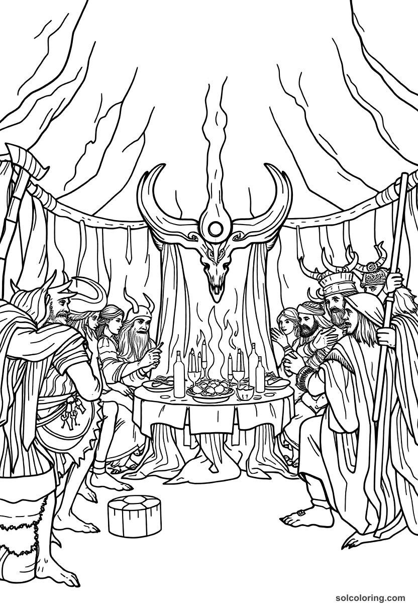 Ancient Norse mythological feast coloring page showing Viking warriors and gods dining in Valhalla's great hall