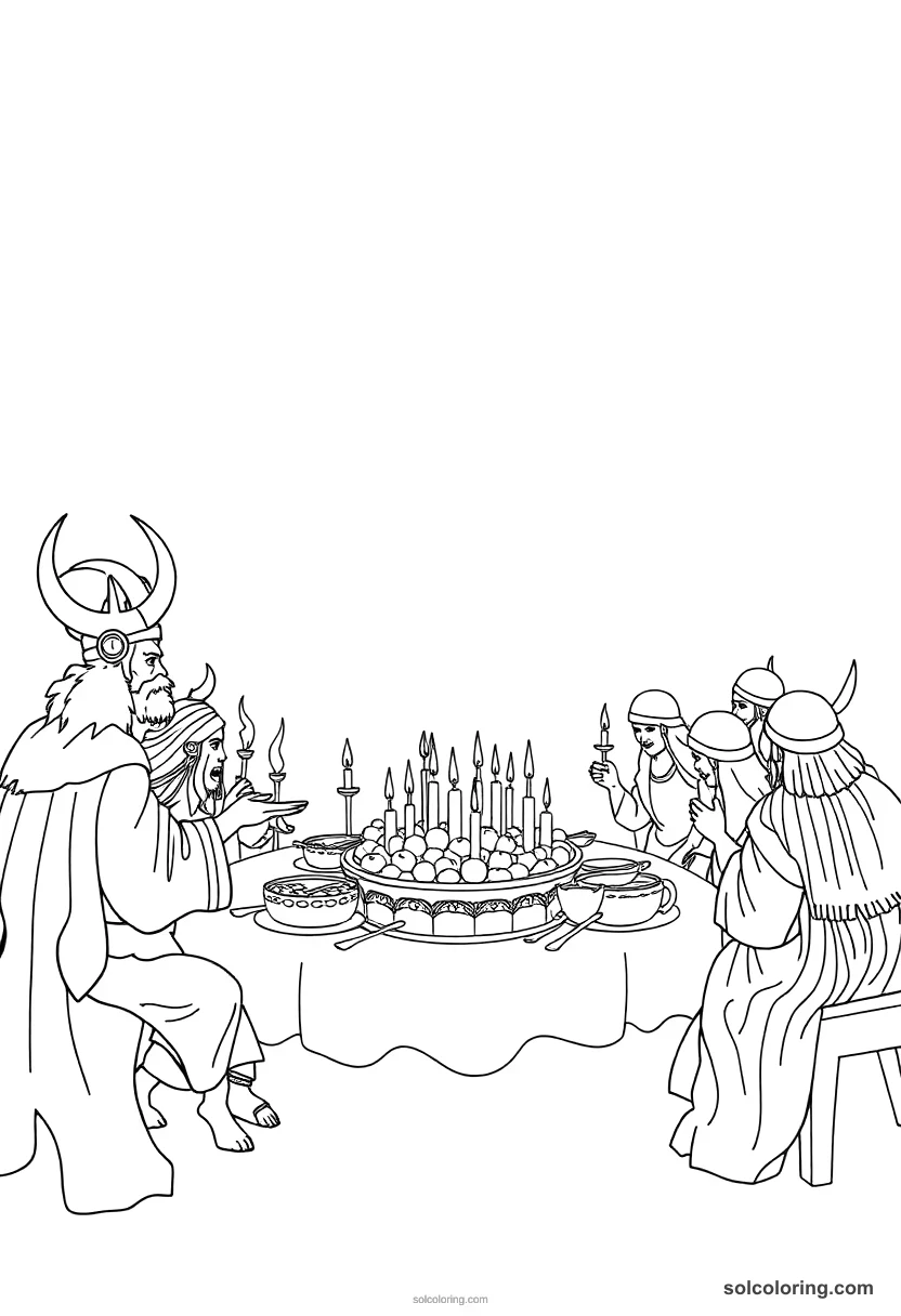 Simple Ancient Norse Mythological Feast in Valhalla simple coloring page for kids