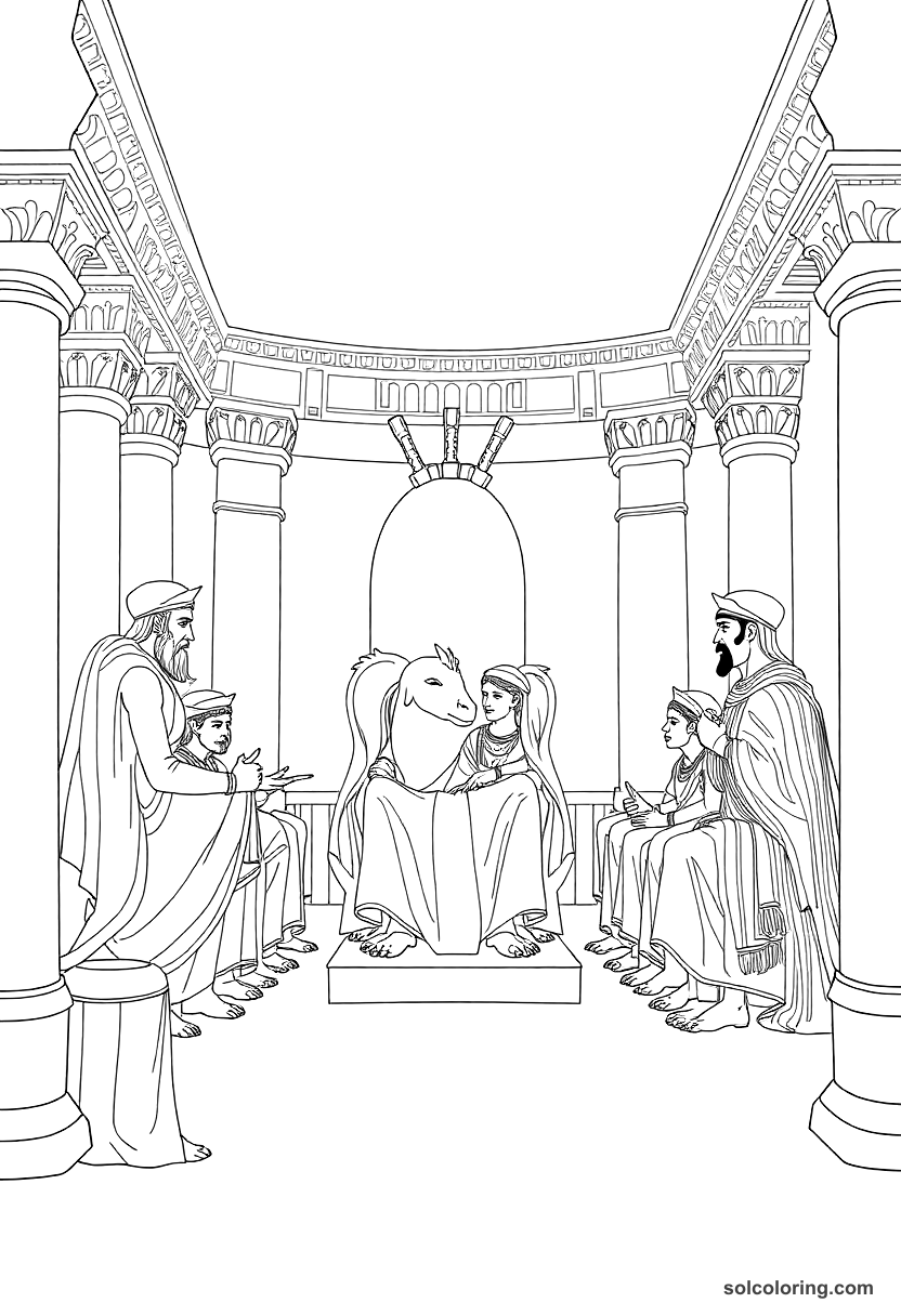 Ancient Persian Royal Court of Darius coloring page, free printable detailed style