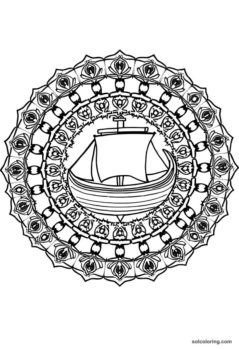 Mandala Ancient Phoenician Trading Ship coloring page, free printable mandala style