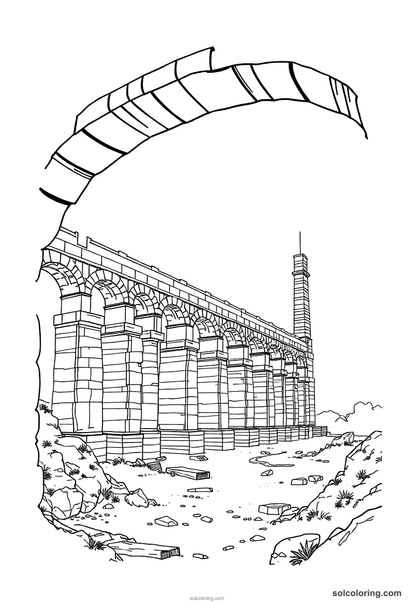 Ancient Roman Aqueduct Construction detailed coloring page for kids