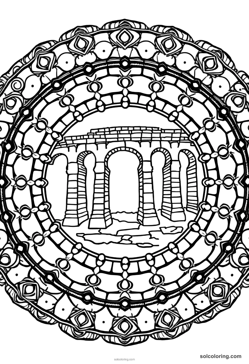 Mandala Ancient Roman Aqueduct Construction mandala coloring page for kids