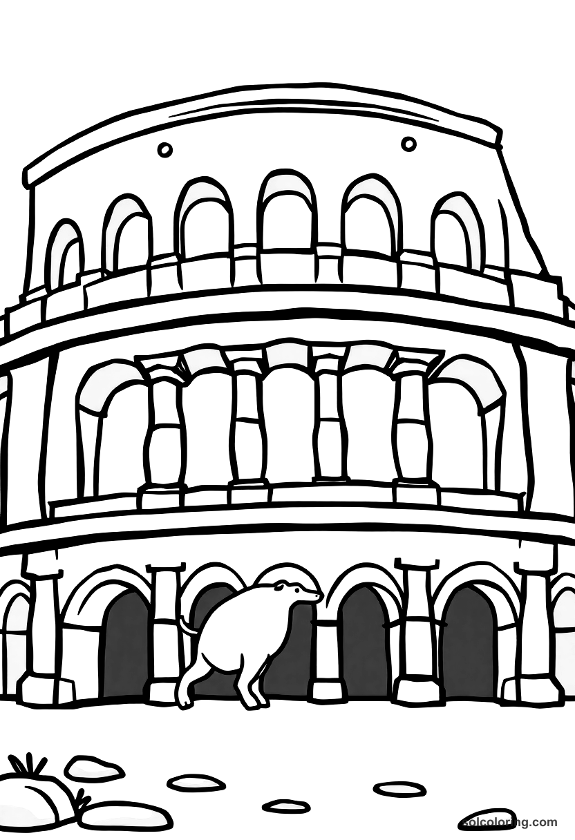 Cute Cartoon Ancient Roman Colosseum Animal Hunt coloring page, free printable cute cartoon style