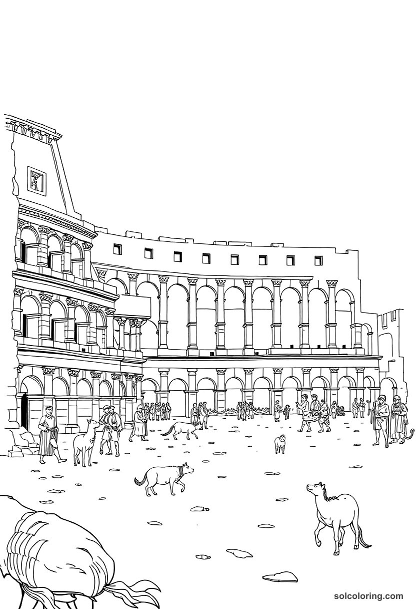 Ancient Roman Colosseum Animal Hunt coloring page, free printable detailed style